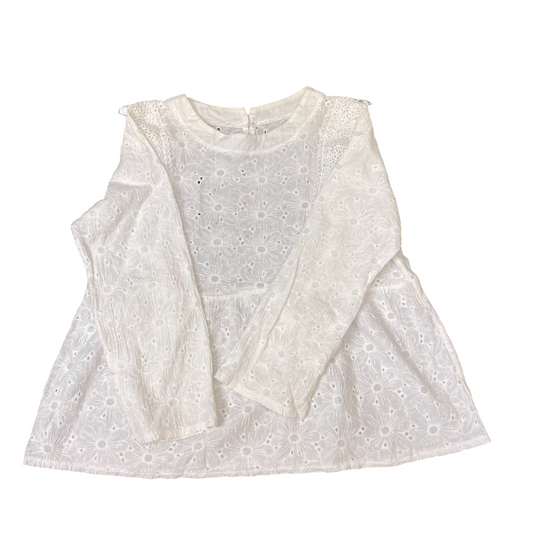 Blouse Top Womens S White Lace Floral Long Sleeve Round Neck Keyhole Back