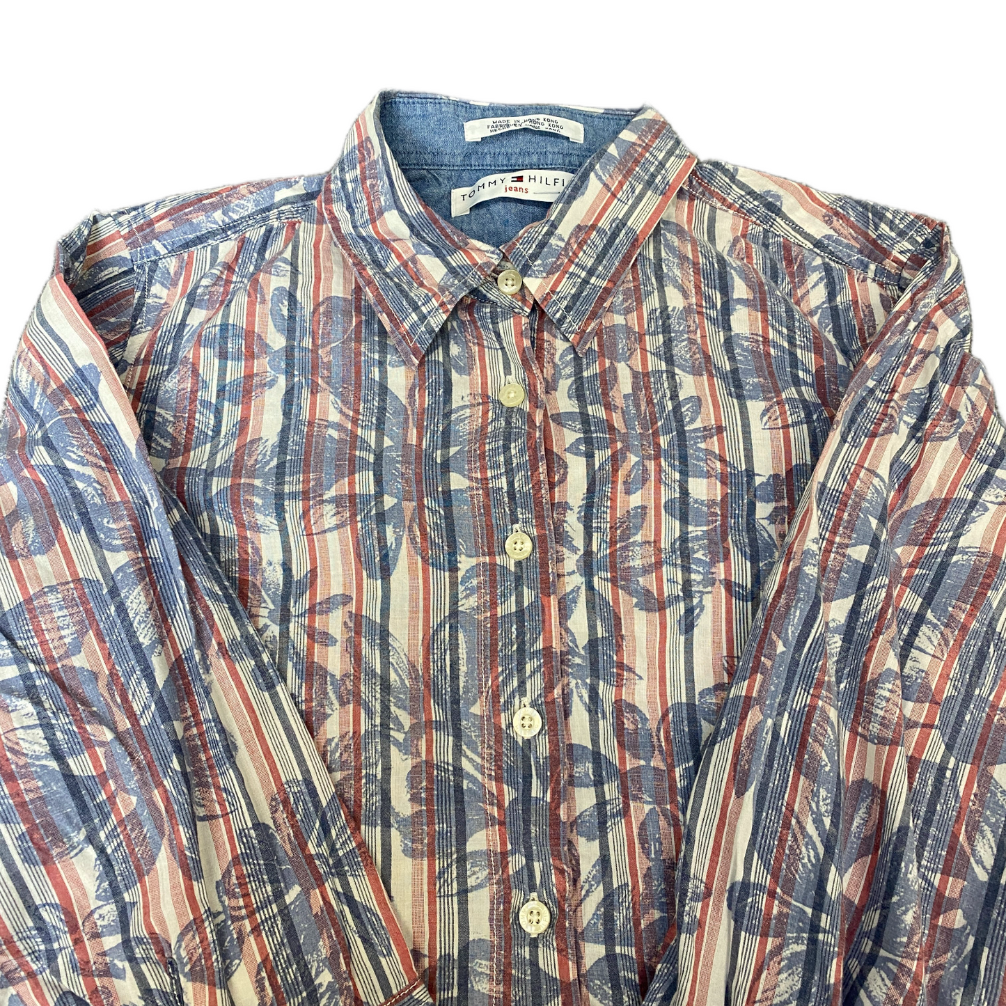 Tommy Hilfiger Shirt Womens M Multi Striped Floral Long Sleeve Collar Button Up