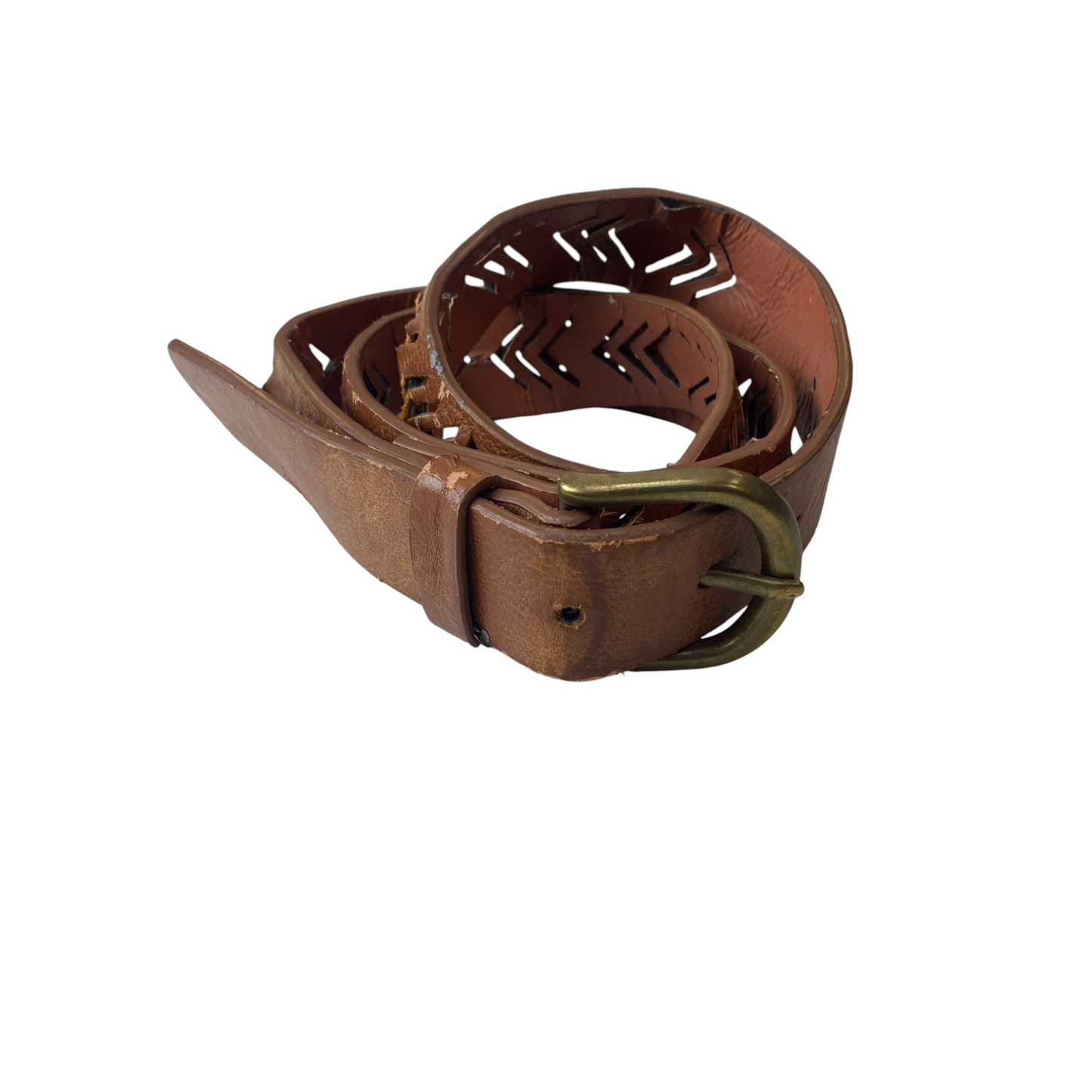 Women's Waist Belt Brown Leather Cutout Chevron Brass Pin Buckle Size 39.5 in