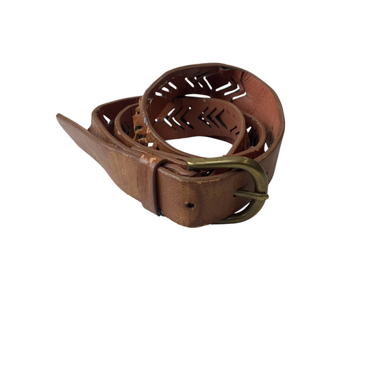 Women's Waist Belt Brown Leather Cutout Chevron Brass Pin Buckle Size 39.5 in