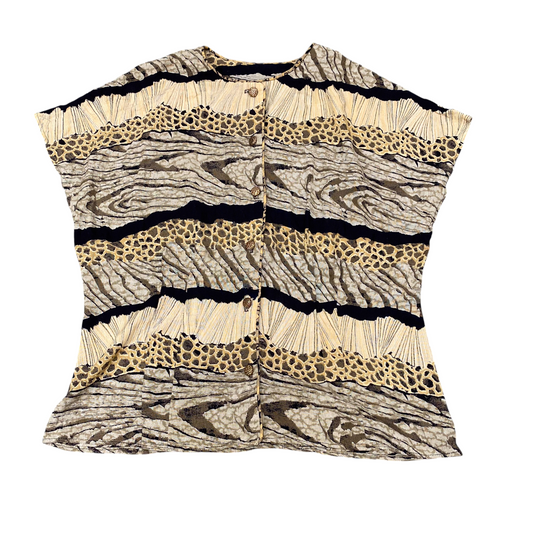 A.K.F Top Womens M Grey Brown Wood Print Sleeveless Round Neck Button Front