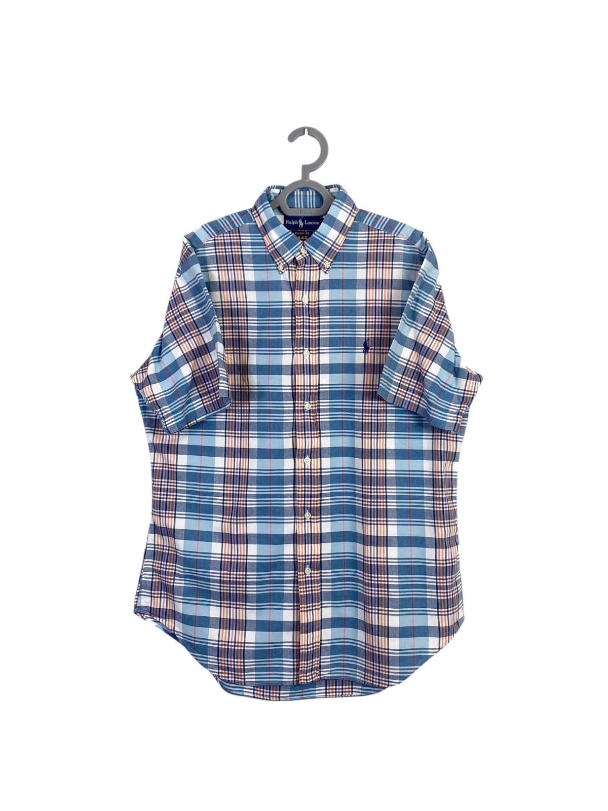 Ralph Lauren Shirt Mens Medium Blue Plaid Short Sleeve Small Blue Polo Pony Logo