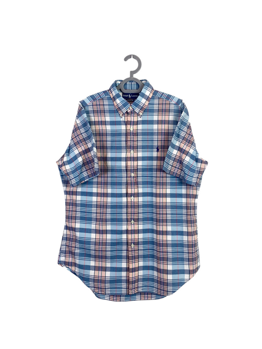 Ralph Lauren Shirt Mens Medium Blue Plaid Short Sleeve Small Blue Polo Pony Logo