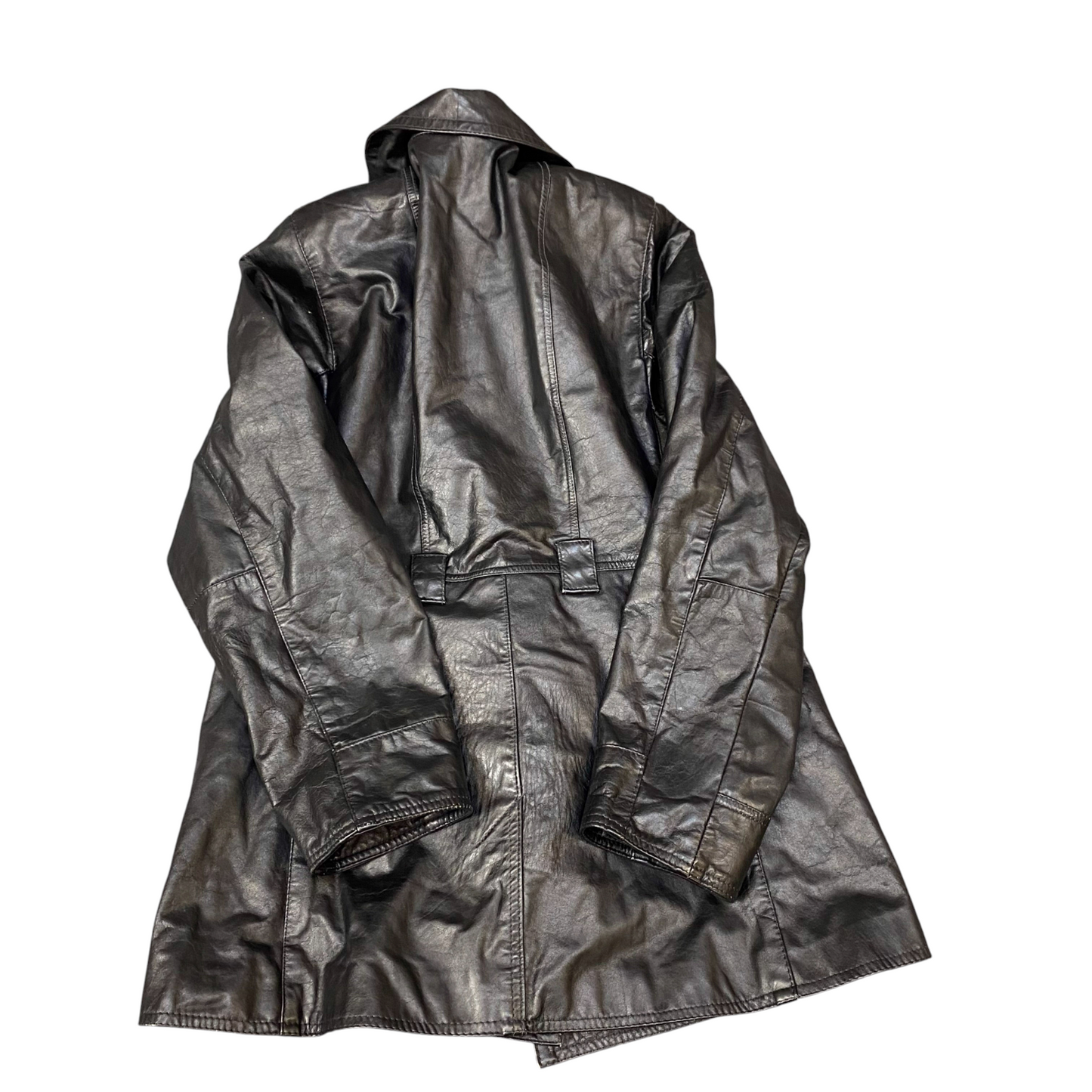 Women Leather Trench Coat Medium Black Lined Long Sleeve Button Front Inside Zip