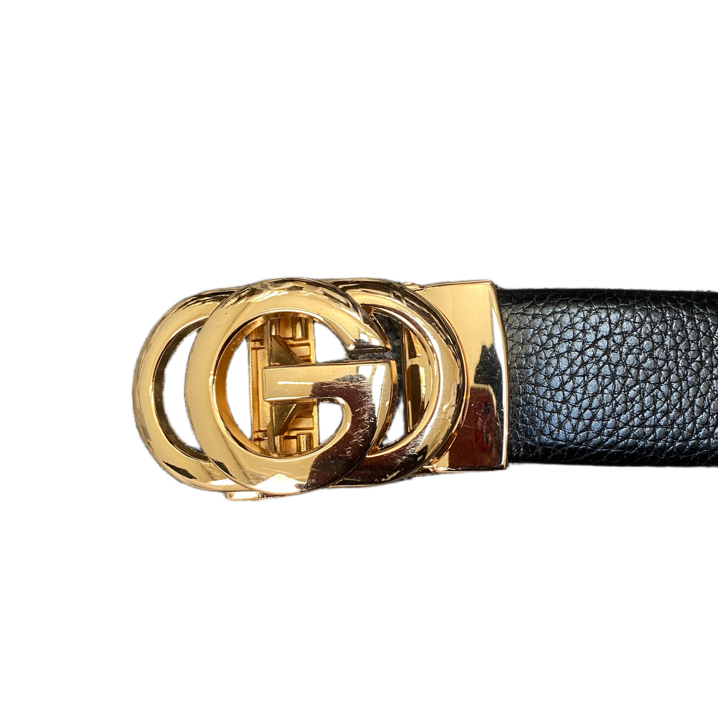 Waist Belt Mens Black Leather Adjustable Gold-Tone Double G Buckle 43 inches