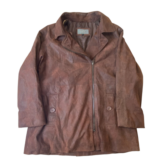 LIV Essentials Faux Leather Jacket Womens M Brown Notch Lapel Asymmetrical Zip