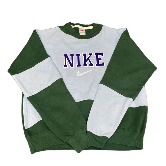 Nike Reworked Sweatshirt Mens M Green Blue Embroidered Spellout Logo Vintage Y2K