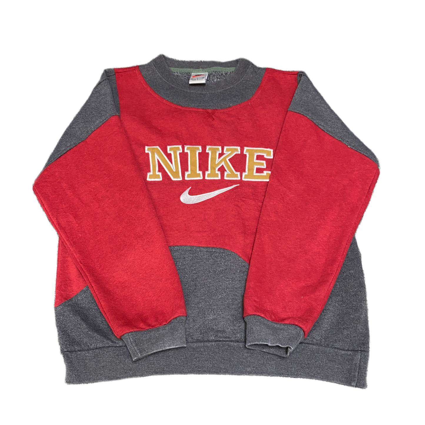 Nike Reworked Sweatshirt Mens S Red Grey Embroidered Spellout Logo Vintage Y2K