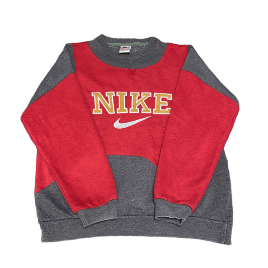 Nike Reworked Sweatshirt Mens S Red Grey Embroidered Spellout Logo Vintage Y2K