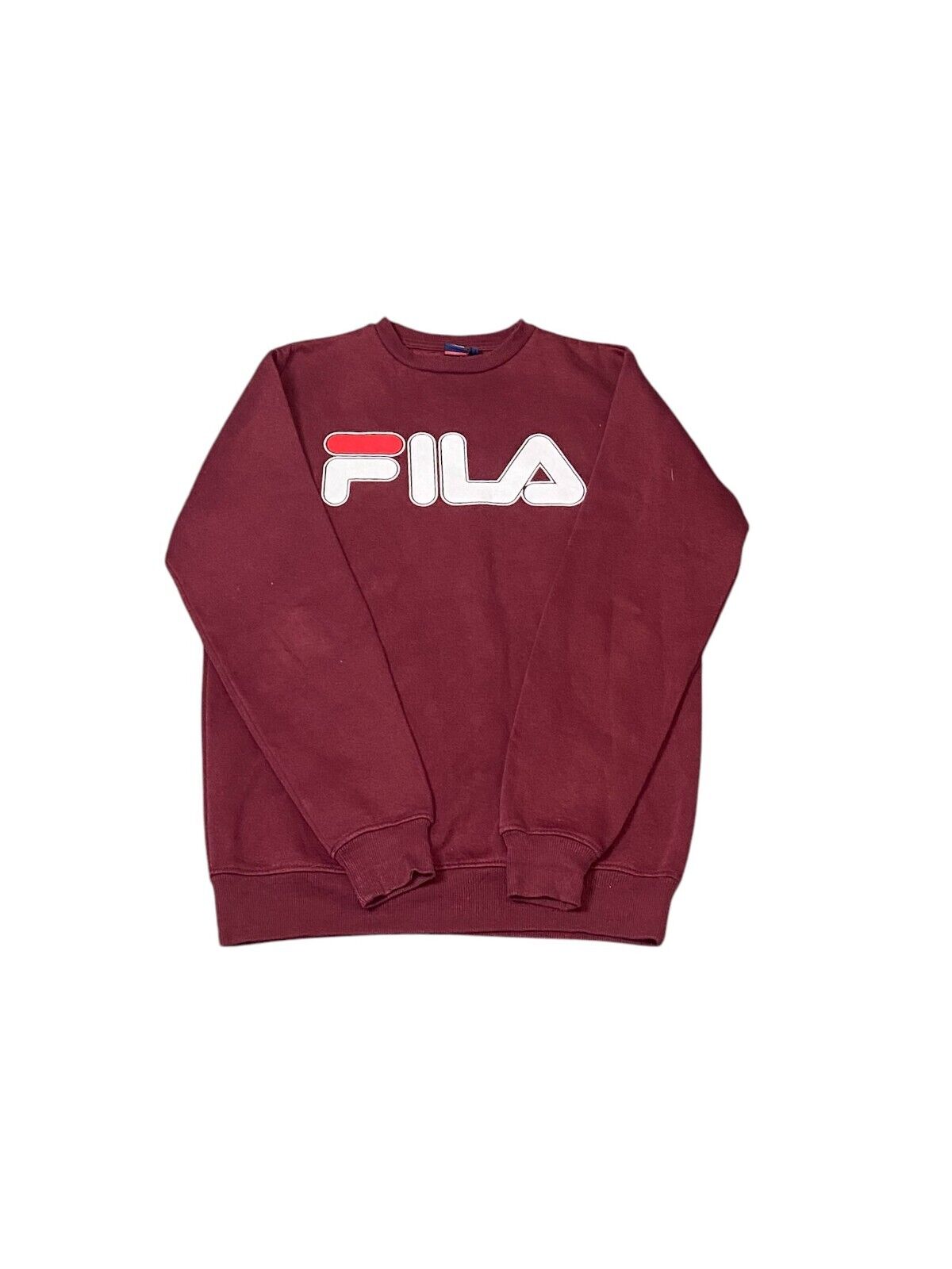 FILA Sweatshirt Mens Medium Red Long Sleeve Spell Out Logo Ribbed Hem and Cuff