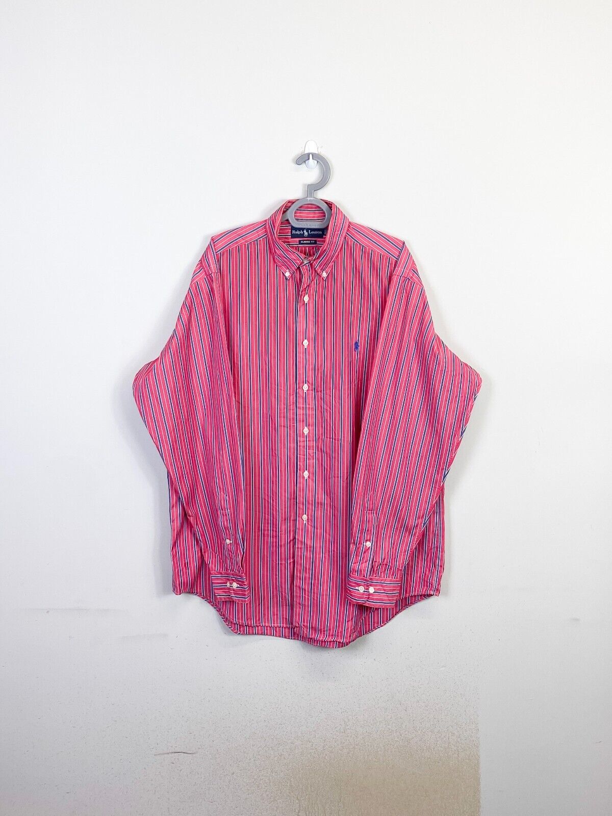 Ralph Lauren Dress Shirt Men L Pink Stripe Classic Fit Small Blue Polo Pony Logo