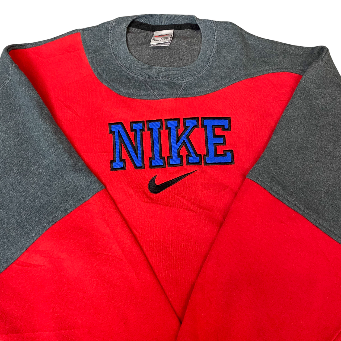 Nike Reworked Sweatshirt Mens XL Red Grey Embroidered Spellout Logo Vintage Y2K