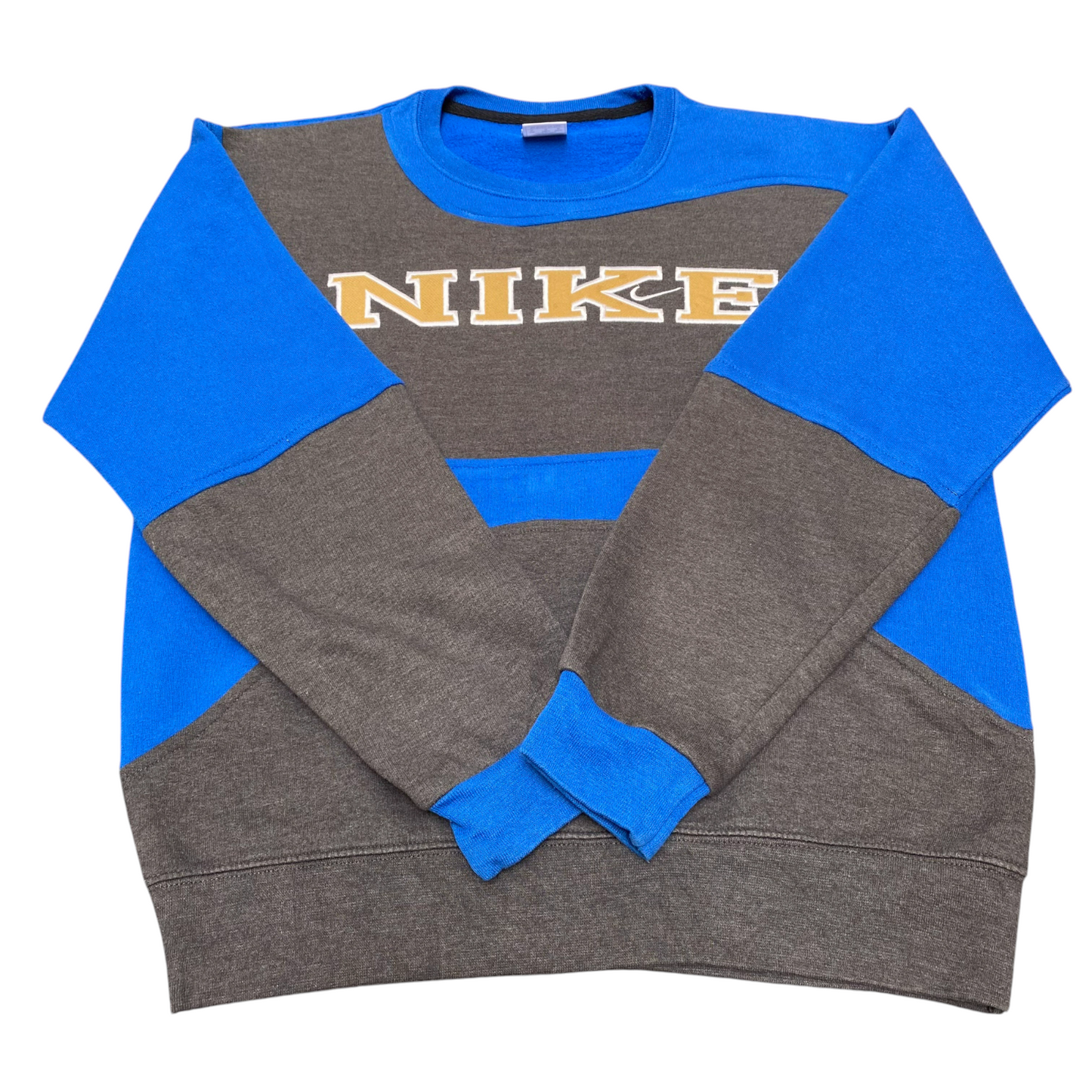 Nike Reworked Sweatshirt Mens Medium Blue Grey Embroidered Spellout Logo Y2K