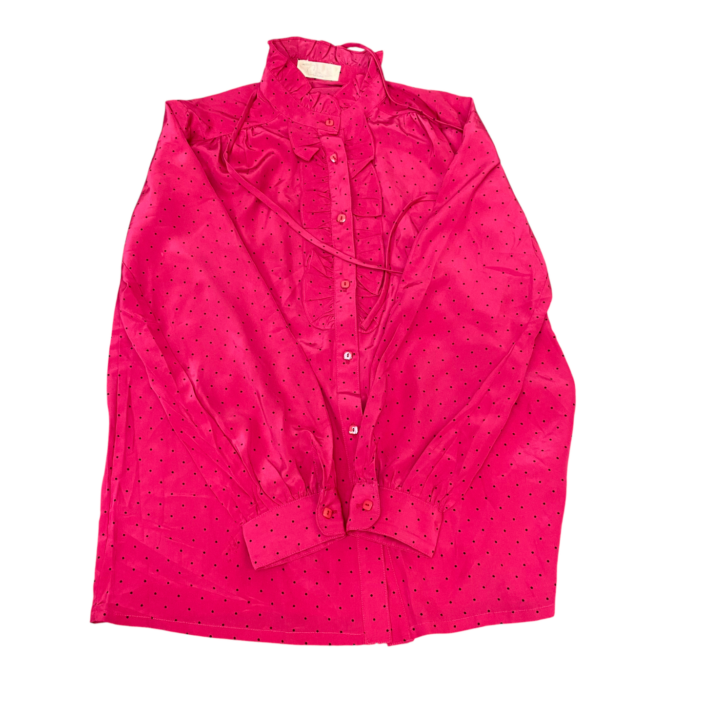 Shirt Top Womens M Pink Polka Dot Chiffon Ruffle Detail Long Sleeve Button Front