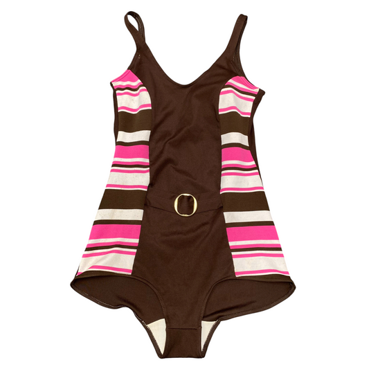One Piece Swimsuit Womens S Brown Multi Striped O Ring Detail Padded Backless