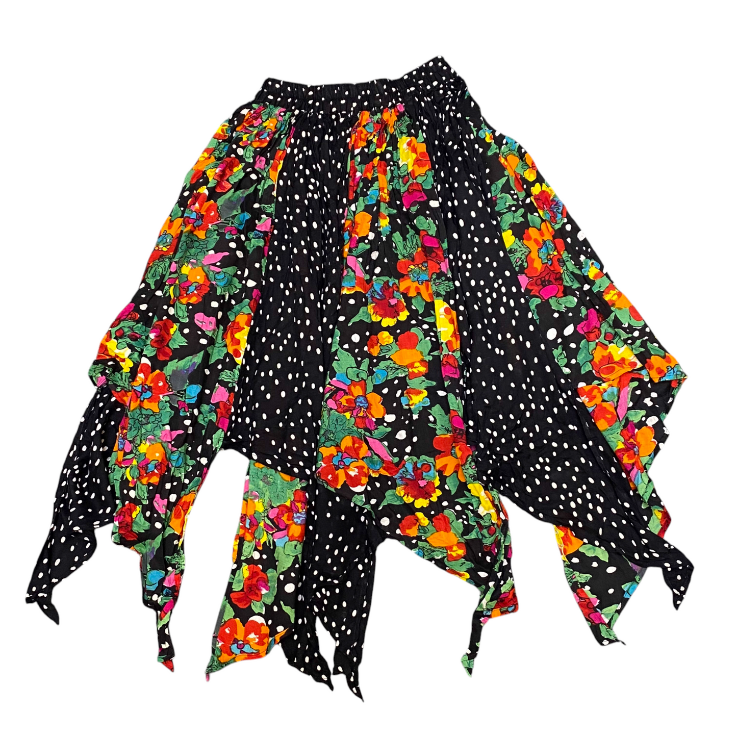Women's Fairy Skirt M Black Polka Dot & Floral Print Scarf Hem Elastic Waist