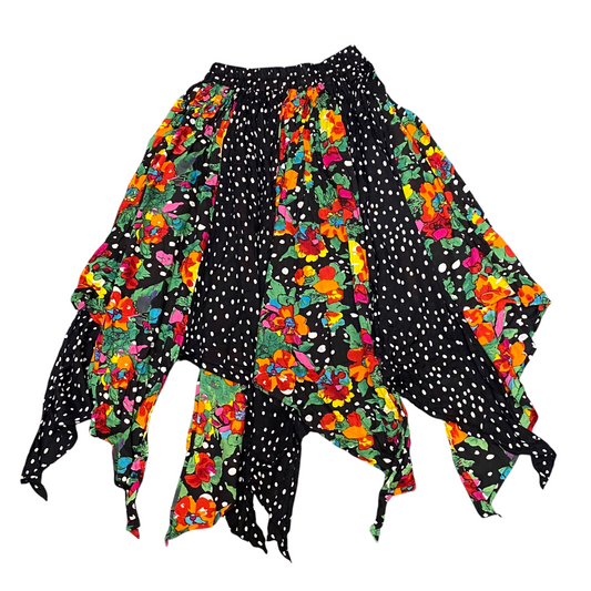 Women's Fairy Skirt M Black Polka Dot & Floral Print Scarf Hem Elastic Waist