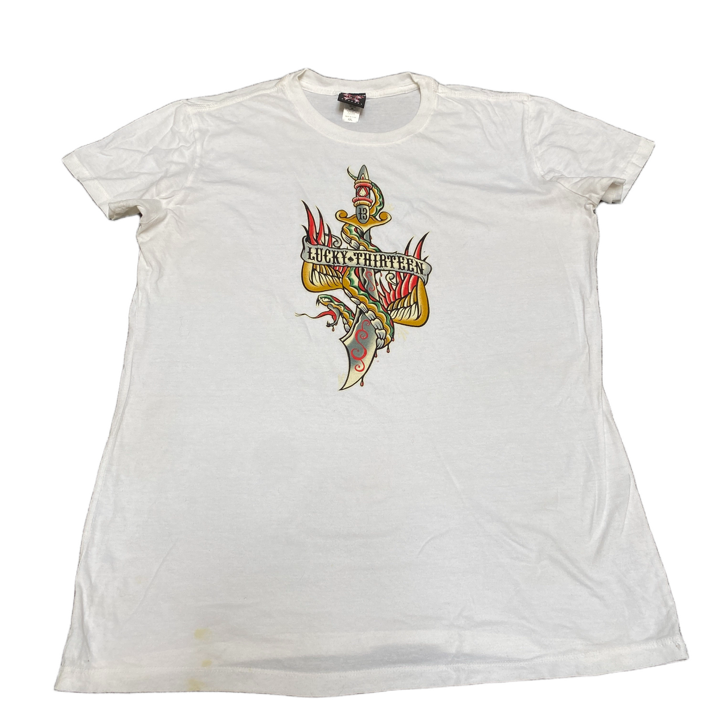 Lucky Thirteen T-Shirt Womens L White Graphic Print Short Sleeve Pullover Tee