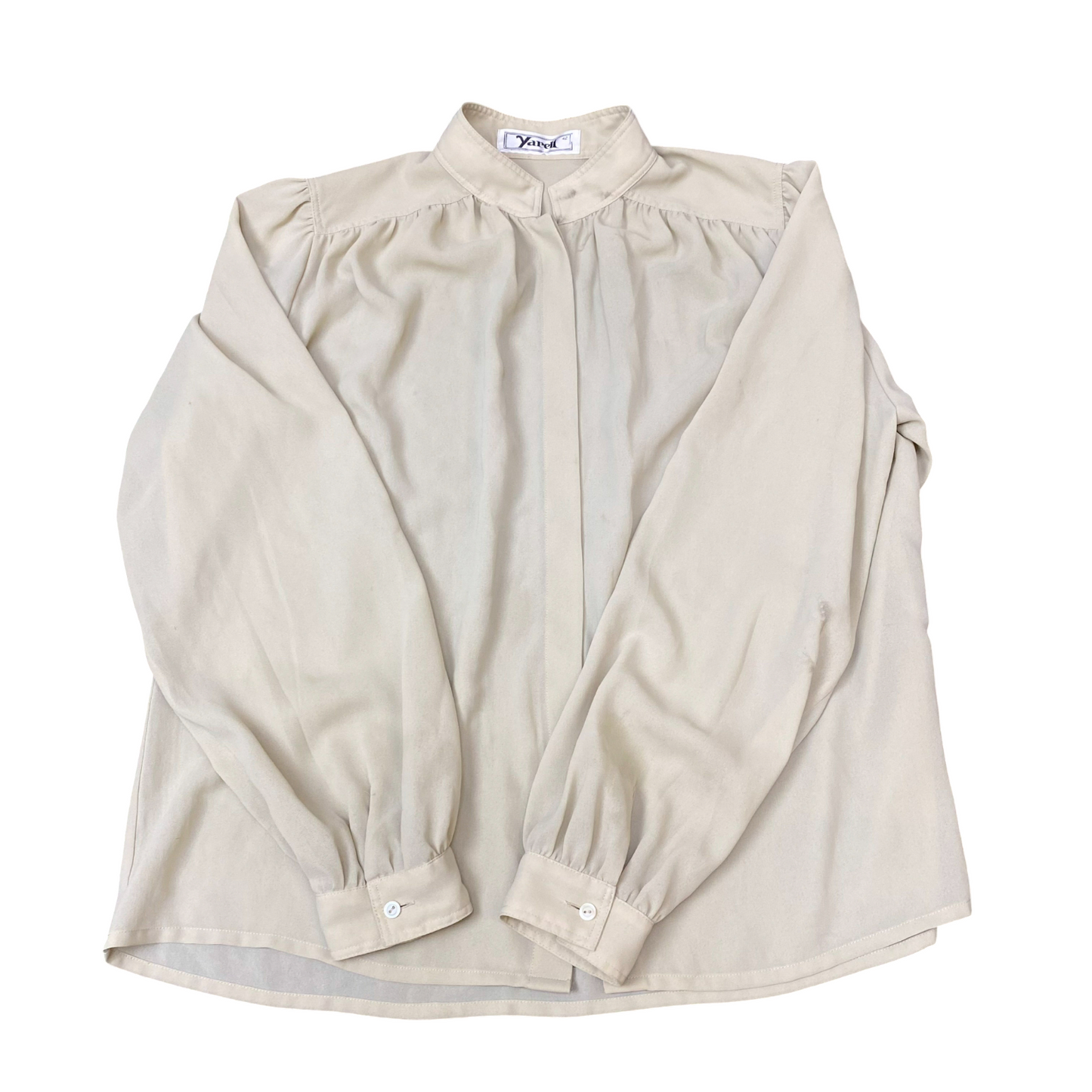 Shirt Top Womens L Cream Solid Chiffon Pleated Long Sleeve Snap Front Outdoor