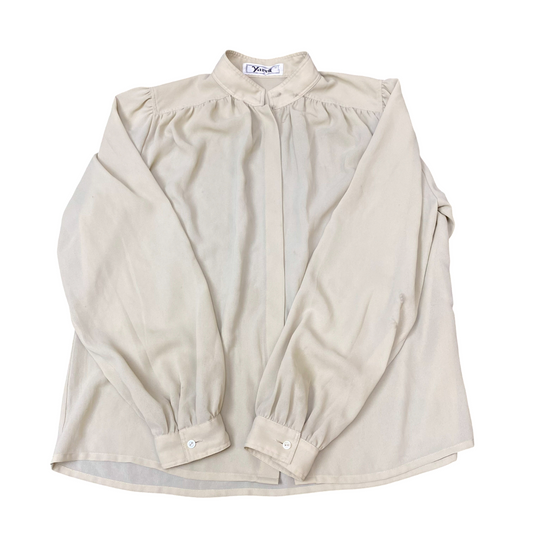 Shirt Top Womens L Cream Solid Chiffon Pleated Long Sleeve Snap Front Outdoor