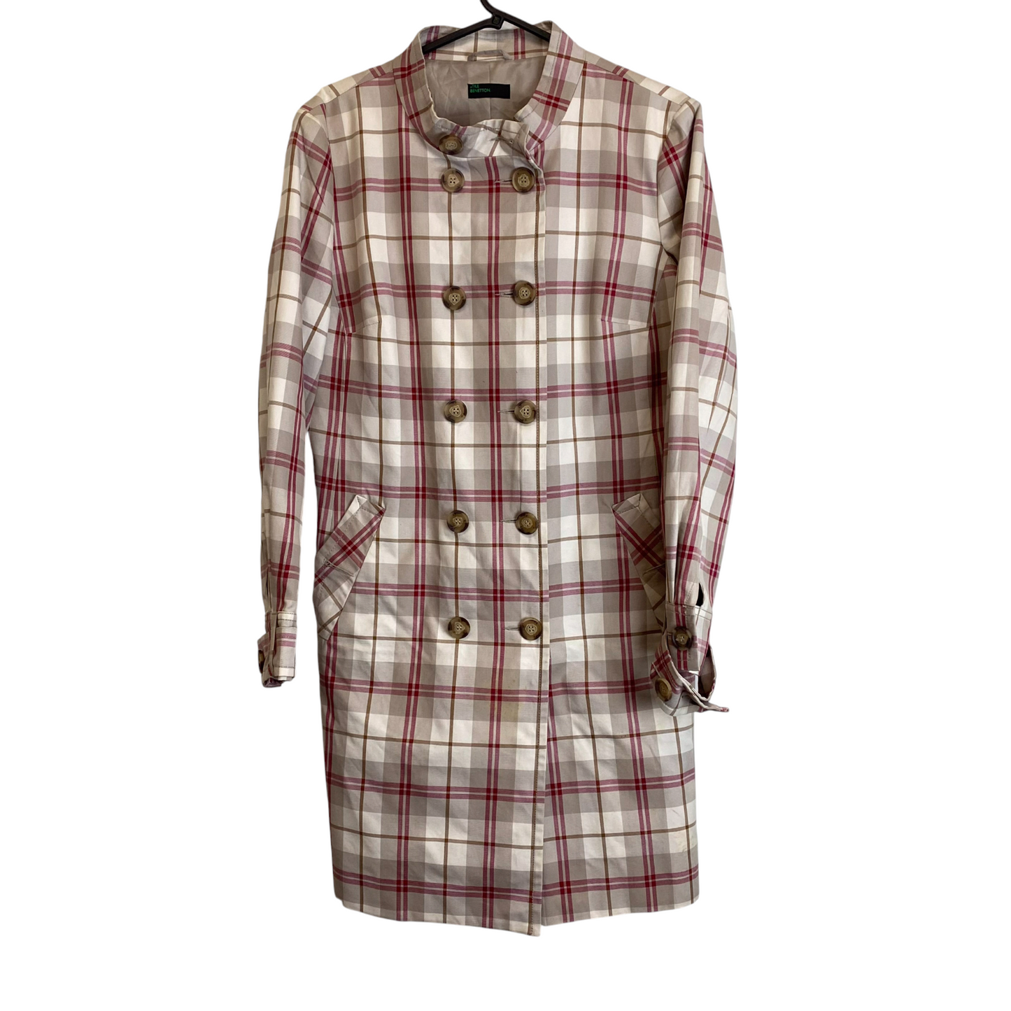Trench Coat Womens M Cream Red Plaid Pockets Long Sleeve Button Front Outdoor