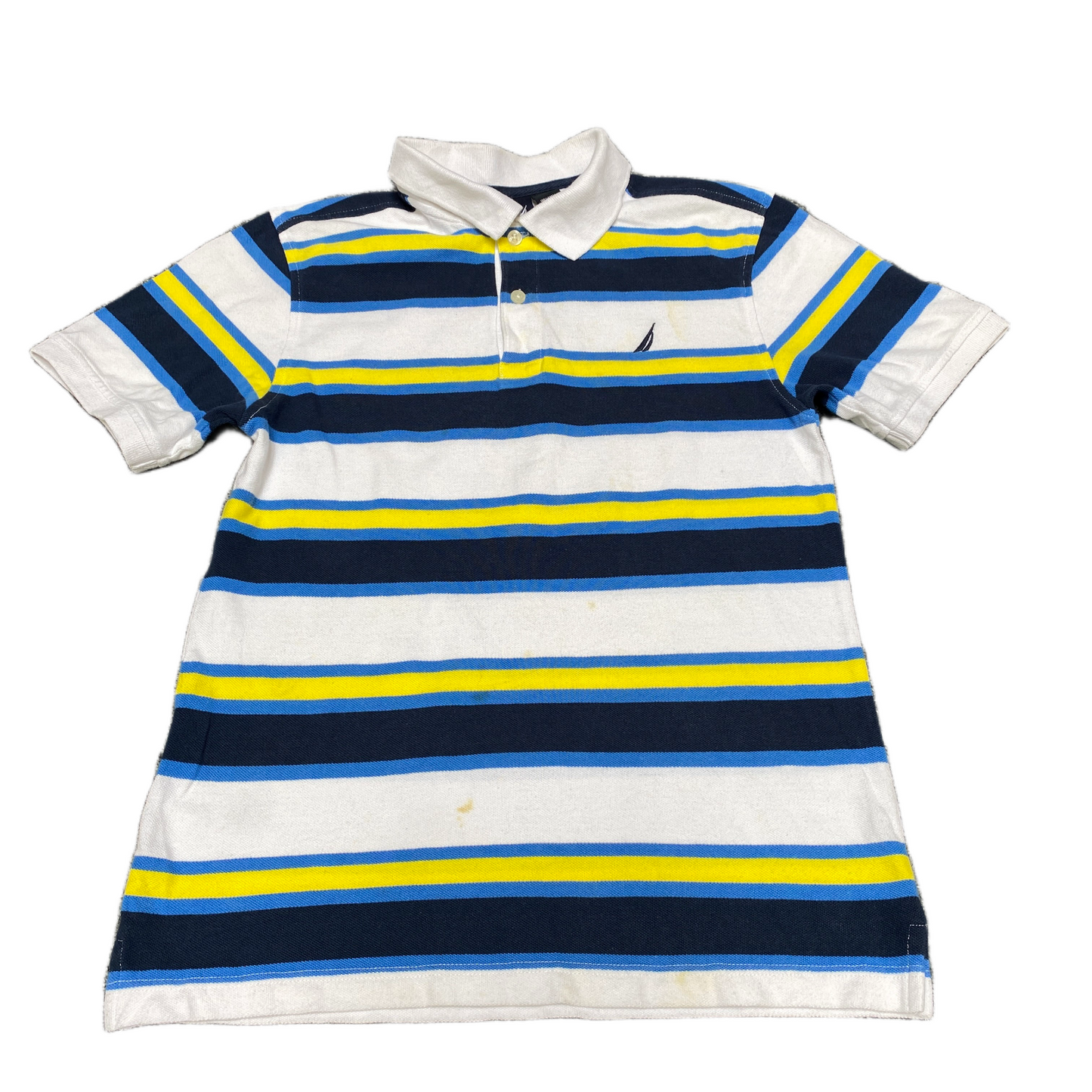 Nautica Polo Shirt Boys XS White Blue Striped Golf Performance Side Slit Collar