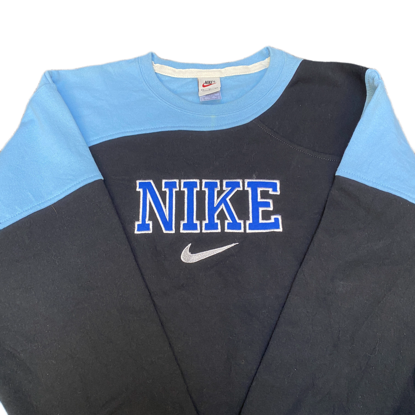 Nike Reworked Sweatshirt Mens M Blue Black Embroidered Spellout Logo Vintage Y2K