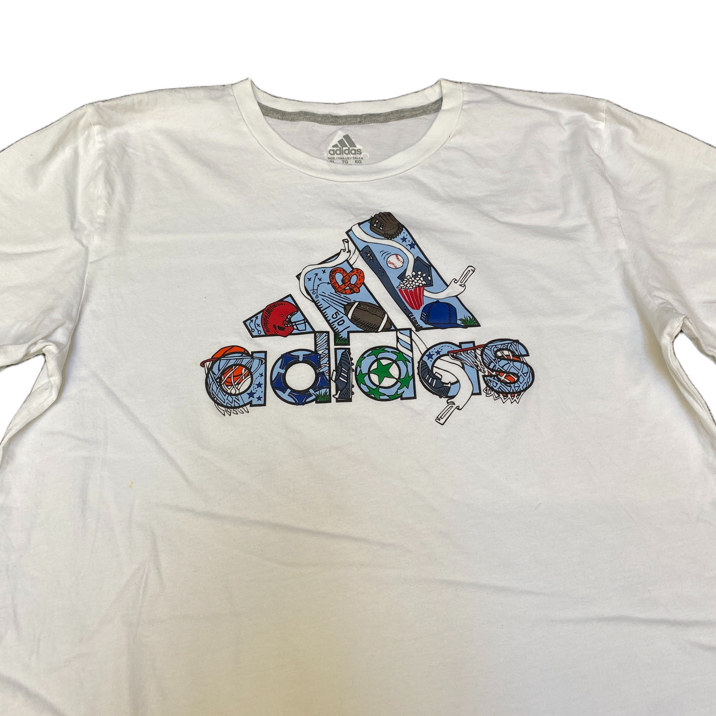 Adidas T-Shirt Boys Medium White Colorful 3 Stripes Graphic Logo Relaxed Fit Tee