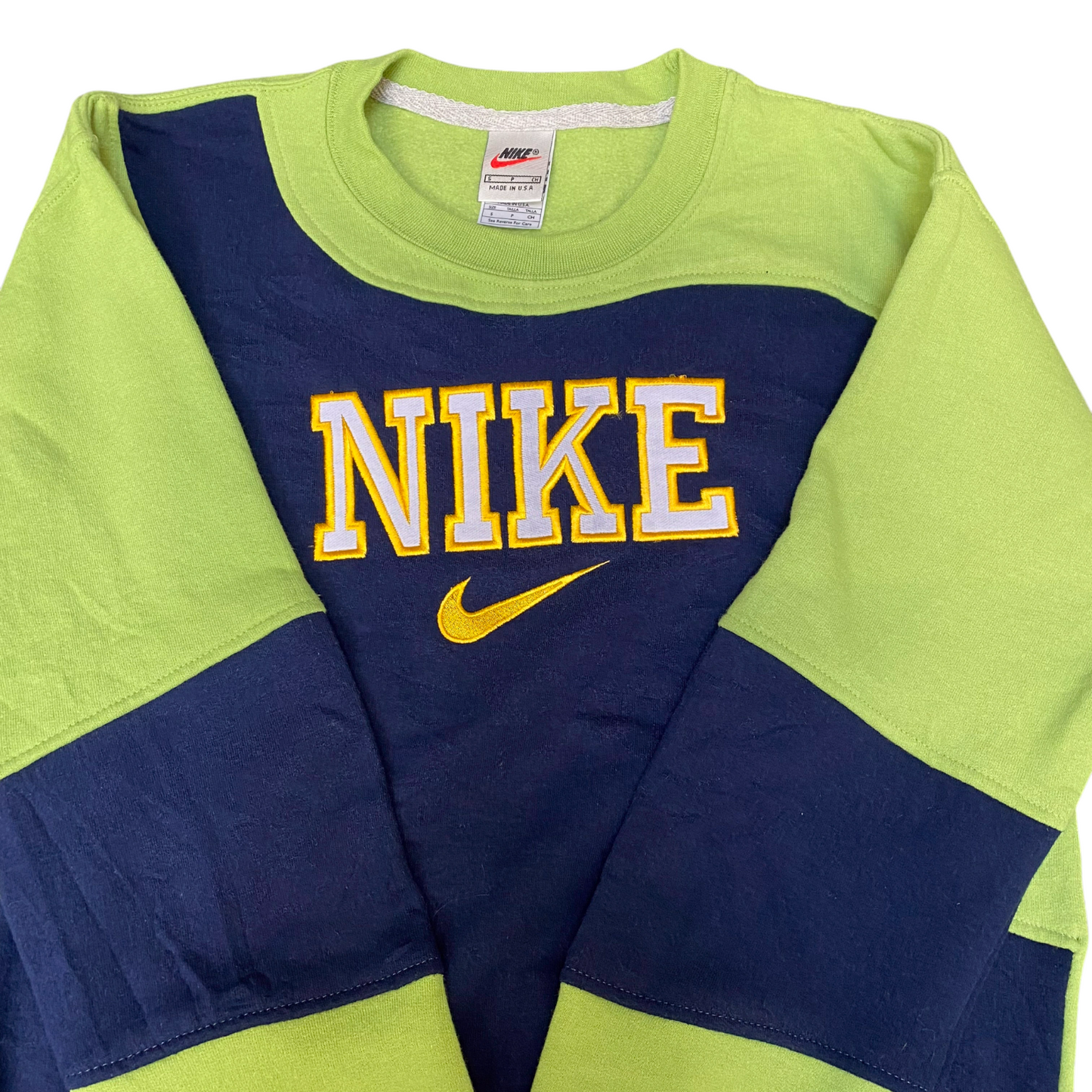 Nike Reworked Sweatshirt Mens S Green Navy Embroidered Spellout Logo Vintage Y2K