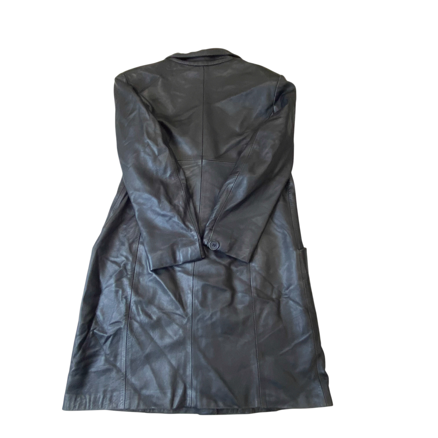 Womens Leather Trench Coat Medium Black Long Sleeve Notch Lapel Single Breasted