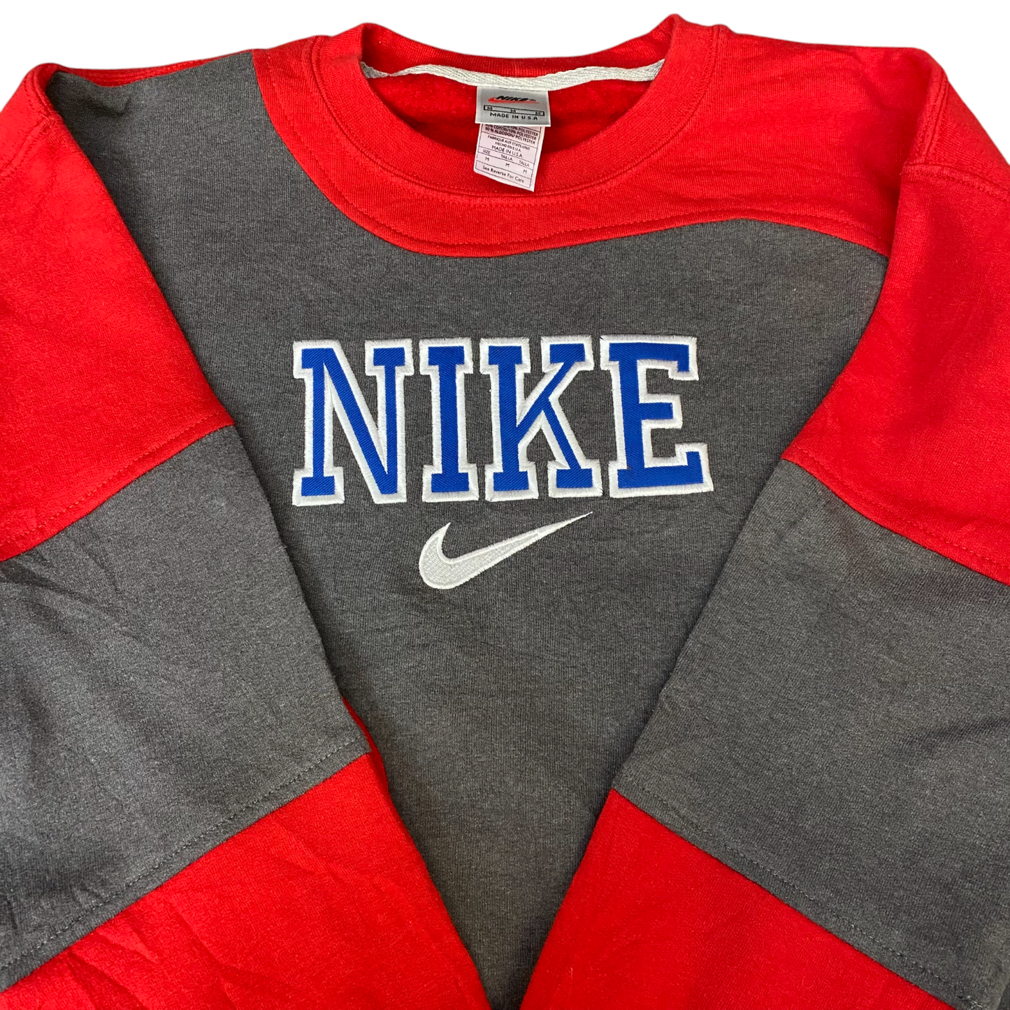 Nike Reworked Sweatshirt Mens Medium Red Grey Embroidered Spellout Logo Vtg Y2K