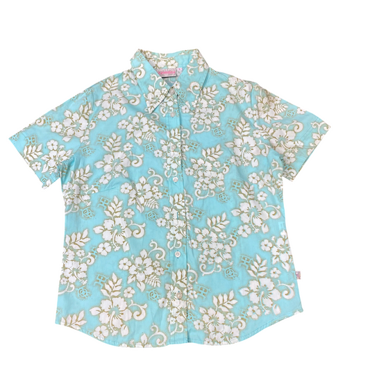 Hawaiian Shirt Womens L Blue Floral Casual Short Sleeve Button Front Outdoor
