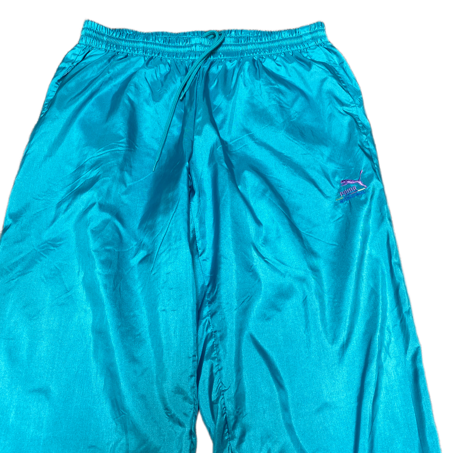 PUMA Joggers Fits as Womens 32" Waist Teal Ankle Zip Athleisure Track Trouser