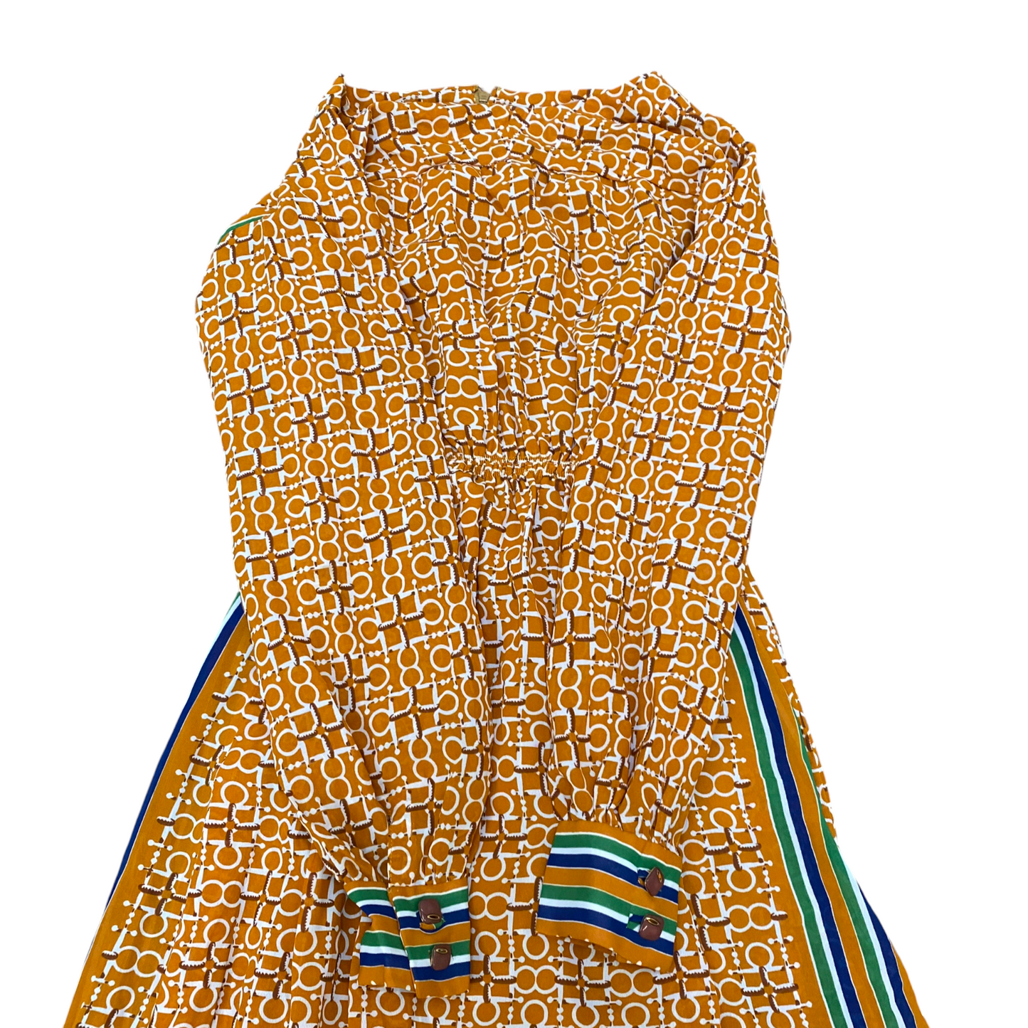 Womens Midi Dress S Yellow Geometric Long Sleeve Boat Neck Back Zip Outdoor