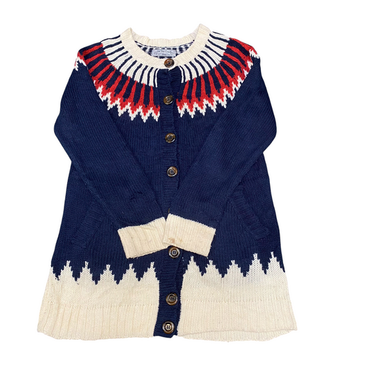 On The Couch Cardigan Womens Small Blue White Brown Fair Isle Knit Long Sleeve