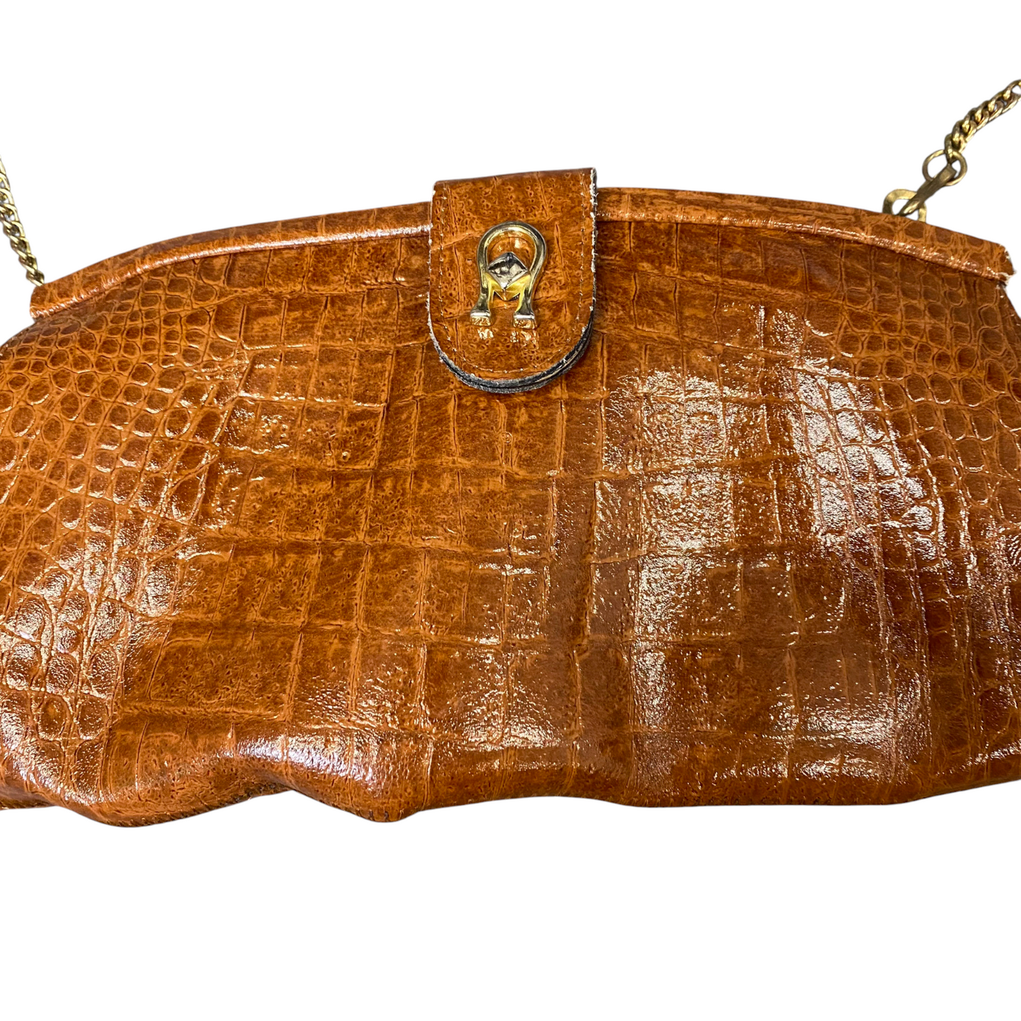 Vtg Womens Clutch Bag Brown Crocodile Leather Chain Strap Magnetic Flap Closure