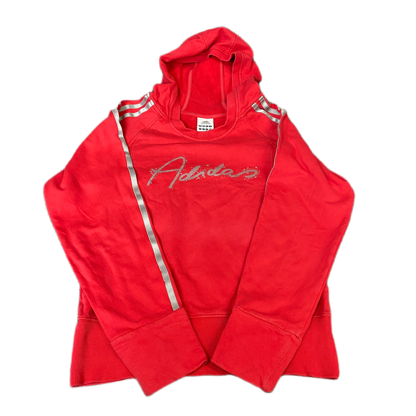Adidas Hoodie Girls XS Red Silver 3-Stripes Fleece Lined Long Sleeve Pullover
