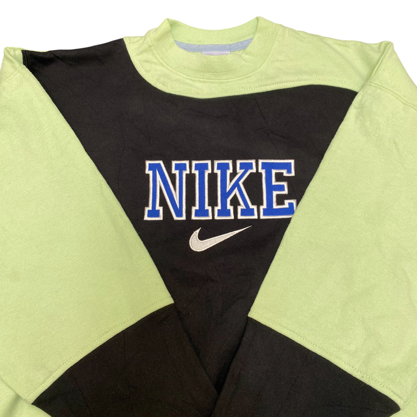 Nike Reworked Sweatshirt Mens XL Green Black Embroidered Spellout Logo Crew Neck