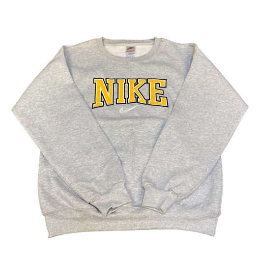 Nike Reworked Sweatshirt Mens Medium Grey Embroidered Spellout Logo Vintage Y2K
