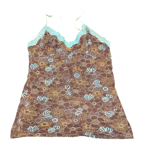 Camisole Top Womens S Brown Blue Floral Lace Trim V-Neck Spaghetti Straps