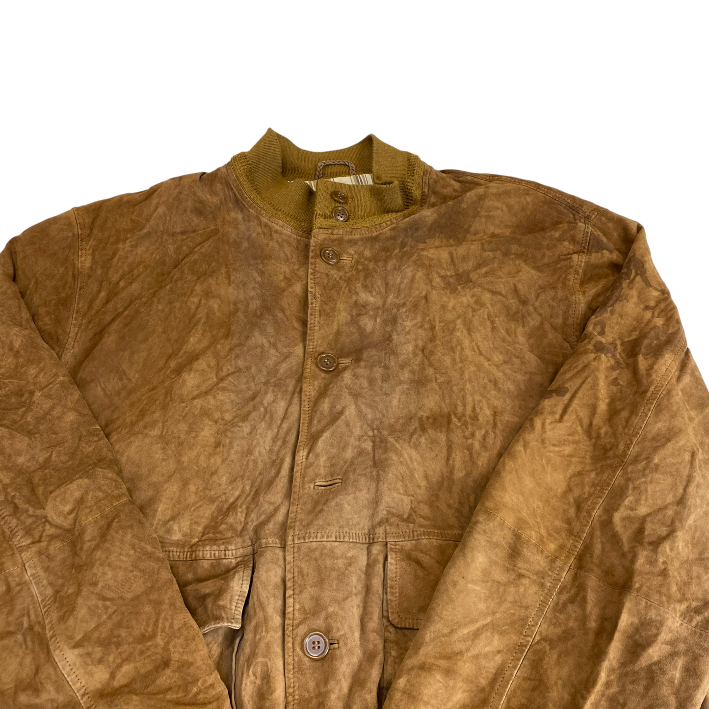 Bomber Jacket Mens L Brown Suede Leather Pockets Long Sleeve Button Front