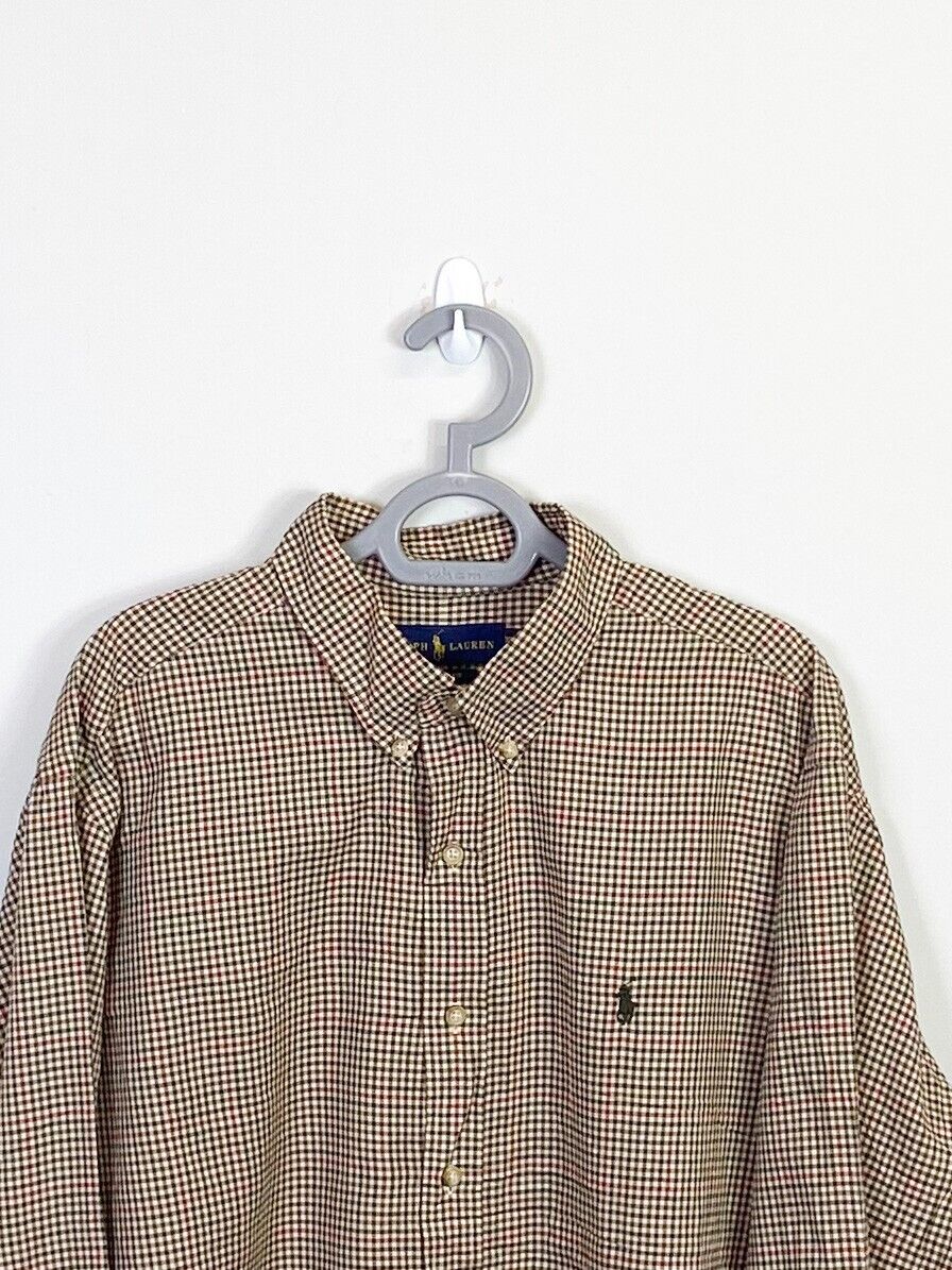 Ralph Lauren Shirt Men XL Brown Checkered Classic Fit Small Green Polo Pony Logo