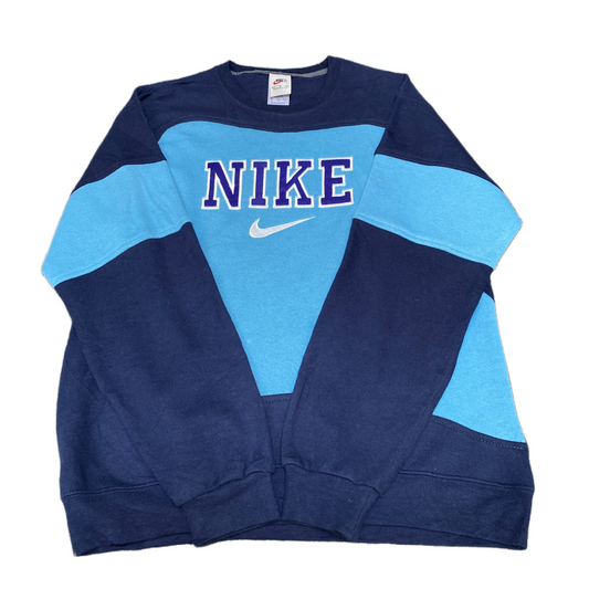 Nike Reworked Sweatshirt Mens M Navy Blue Embroidered Spellout Logo Vintage Y2K