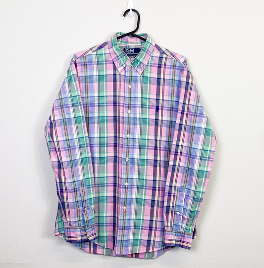 Polo Ralph Lauren Shirt Men's M Pink Green Checkered Custom Fit Button-Down