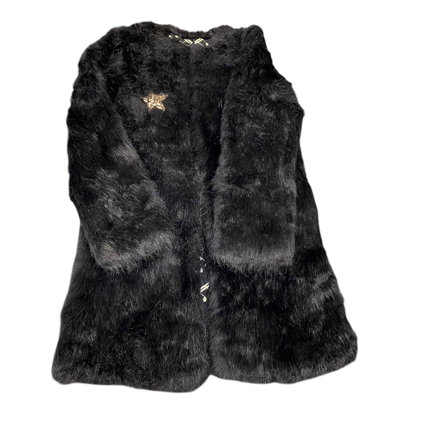 Womens Faux Fur Coat Small Black Lined Mid Length Fuzzy Long Sleeve Open Front