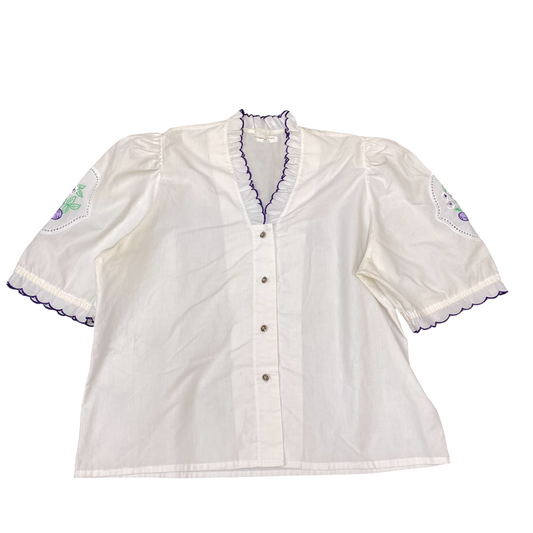 Blouse Top Womens L White Ruffle V-Neck Short Sleeve Button Front Casual Outdoor