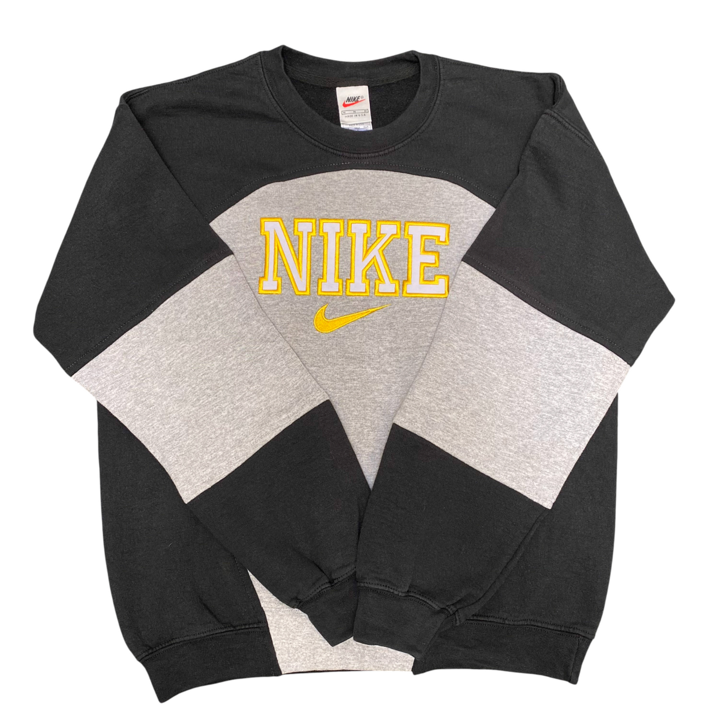 Nike Reworked Sweatshirt Mens M Black Grey Embroidered Spellout Logo Crew Neck