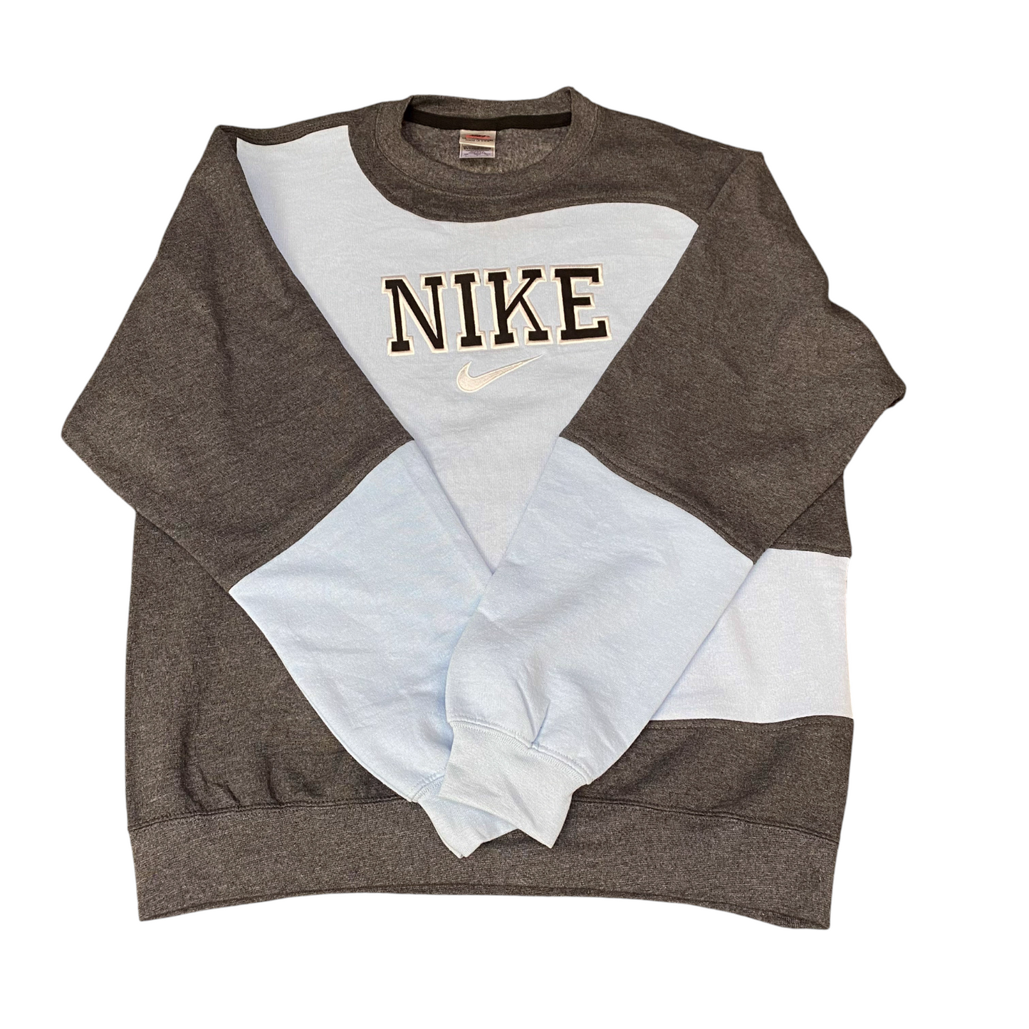 Nike Reworked Sweatshirt Mens L Blue Grey Embroidered Spellout Logo Vintage Y2K