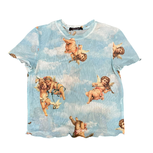 Bershka Top Womens S Blue Mesh Clouds Angel Cherub Short Sleeve Crew Neck