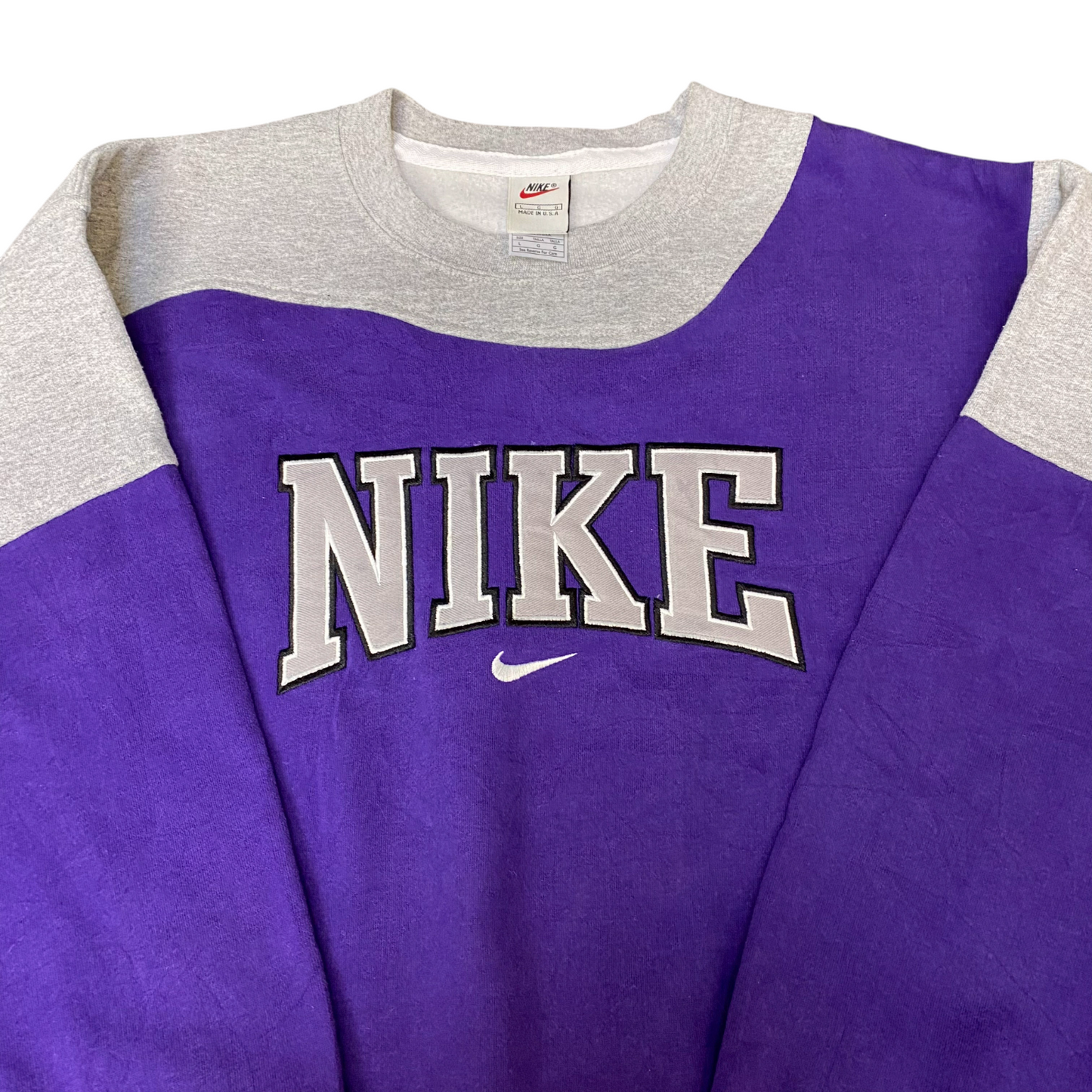 Nike Reworked Sweatshirt Men L Grey Purple Embroidered Spellout Logo Vintage Y2K